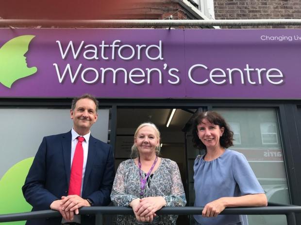 left to right: Cllr Matt Turmaine, Watford Women's Centre chief executive Fiona Miller, and Anneliese Dodds
